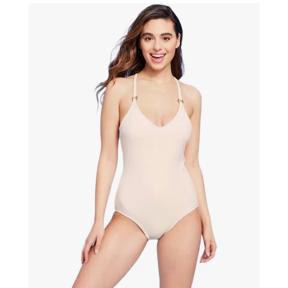 Kona Sol Ribbed One Piece Swimsuit Cream Gold Ring V-Neck Strappy Back Medium